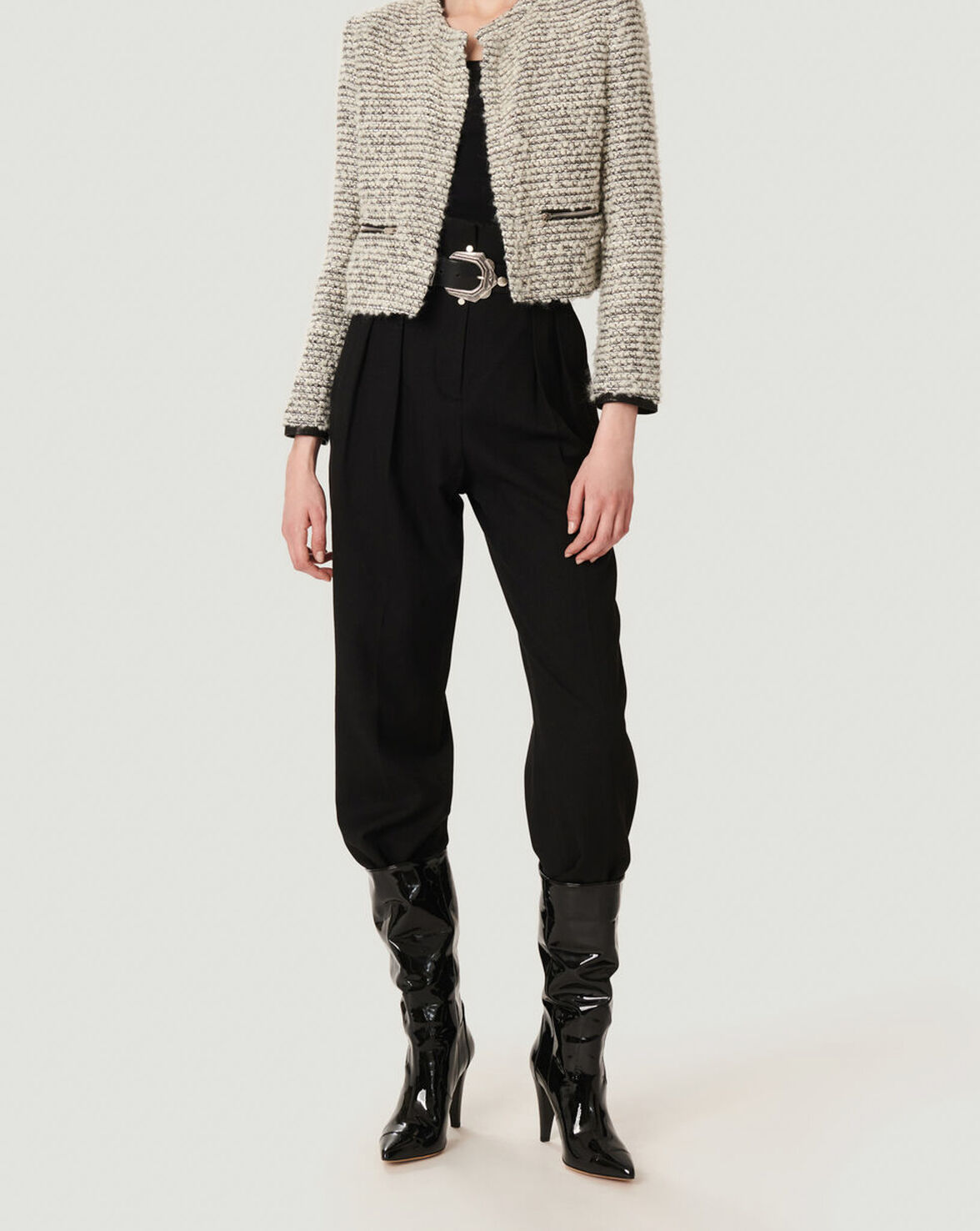 LEDISI COLLARLESS OPEN KNIT JACKET image number null